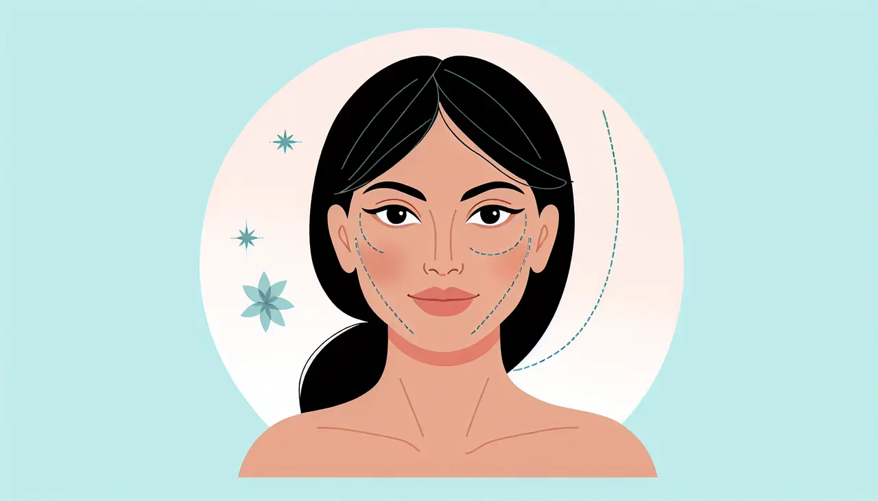 Draw a graphic in flat design style. A flat design illustration of a serene woman’s face with smooth, youthful skin, with subtle lines highlighting areas where fillers can be applied, set against a soft pastel background.