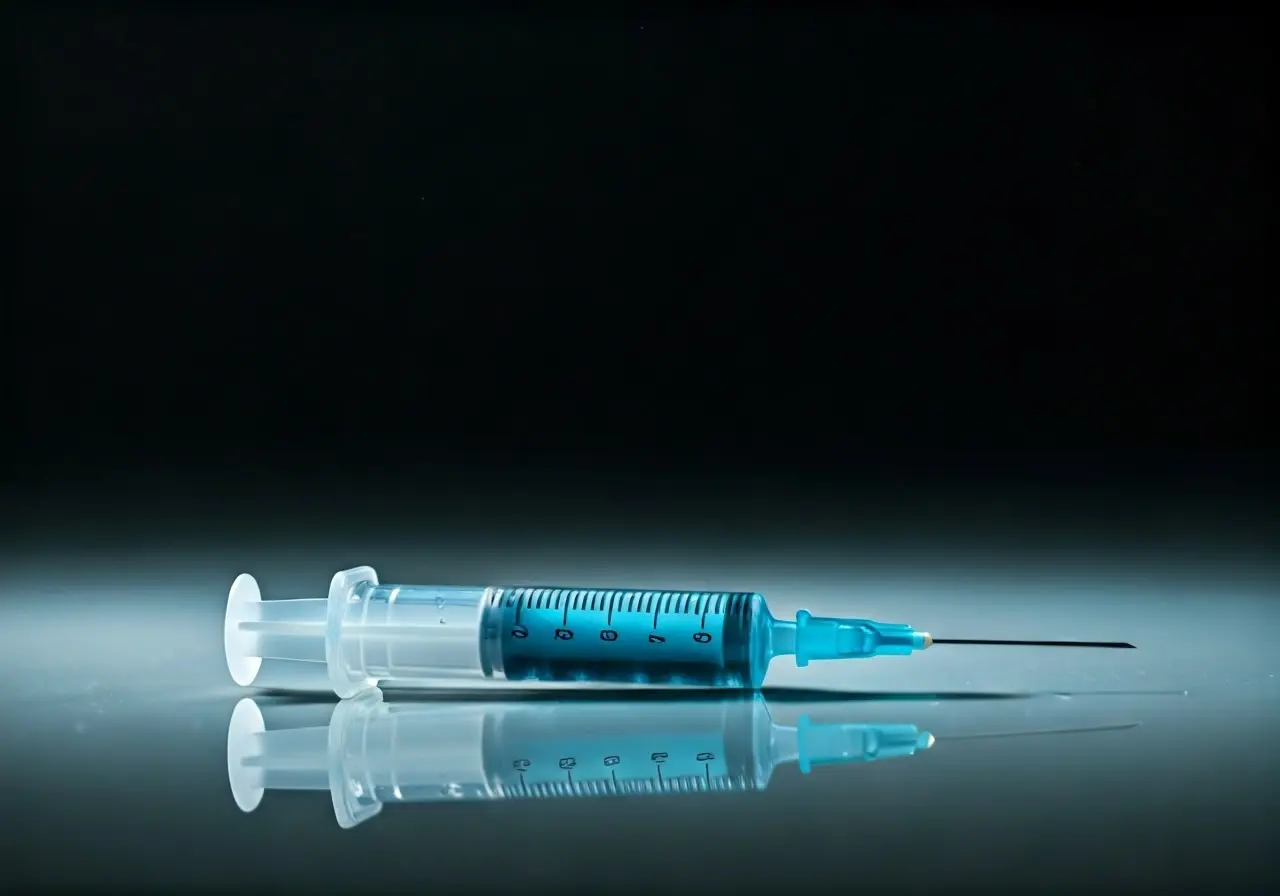 A syringe with a clear blue liquid on a glossy surface. 35mm stock photo