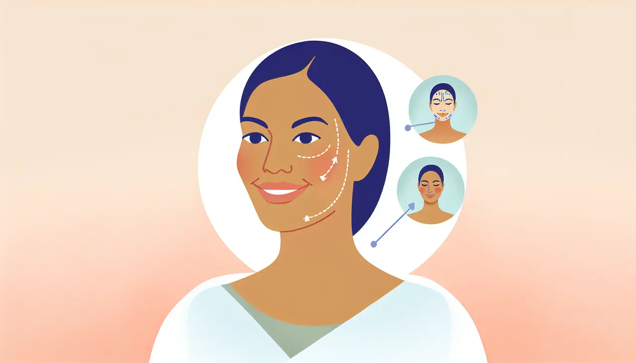 Draw a graphic in flat design style. A flat design illustration of a serene, smiling woman post-cosmetic surgery with subtle outlines and arrows indicating areas enhanced by semaglutide, set against a calm, pastel-colored background.