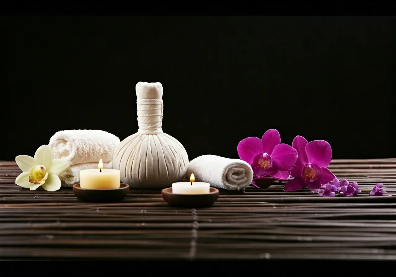 A serene spa setting with calming candles and flowers. 35mm stock photo