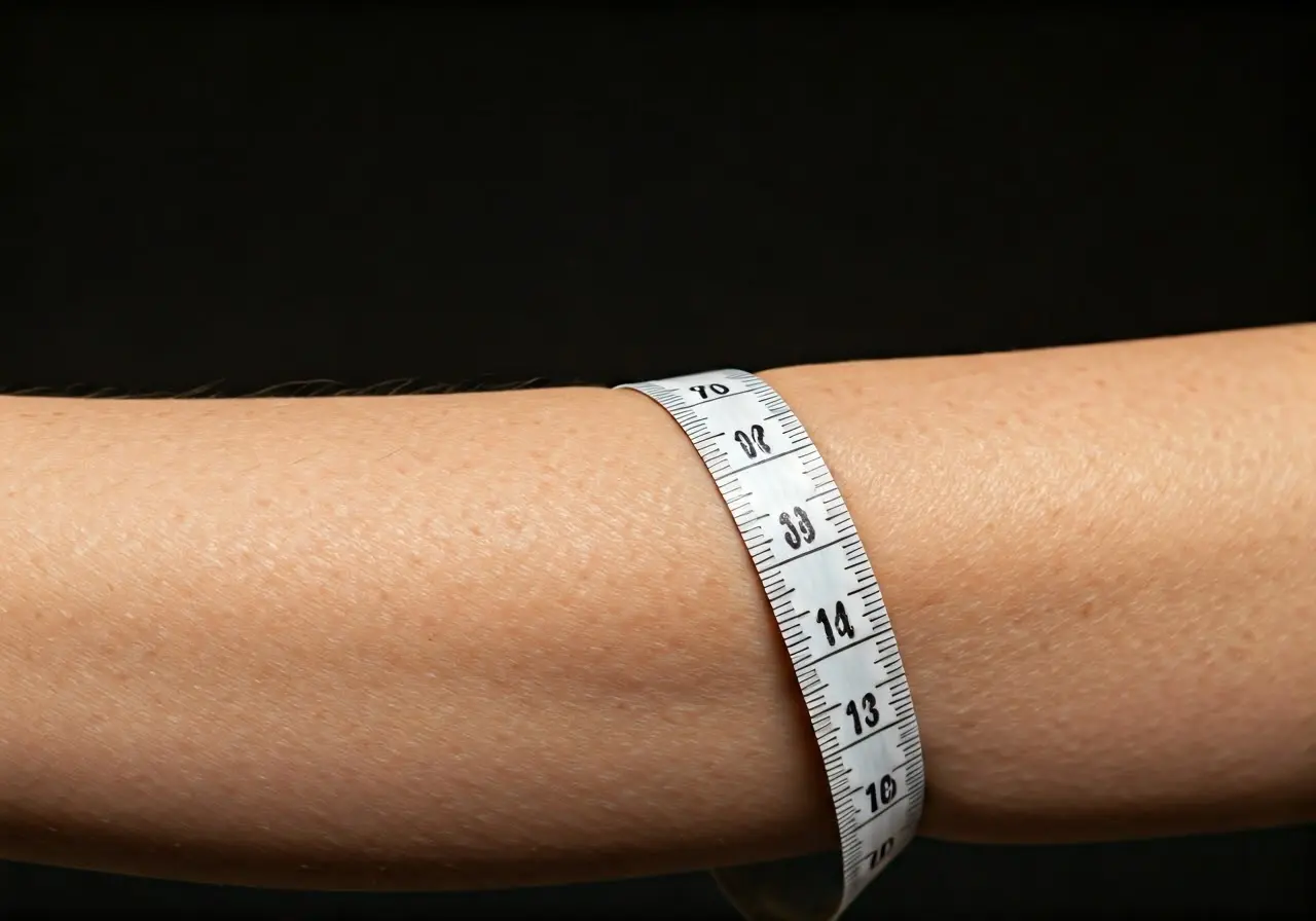 A measuring tape wrapped around an arm with loose skin. 35mm stock photo