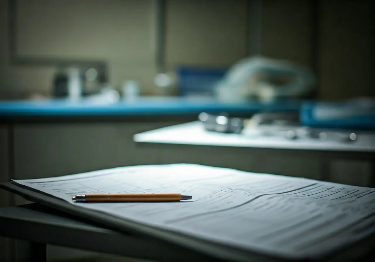 A doctor’s office with medical charts and surgery equipment. 35mm stock photo