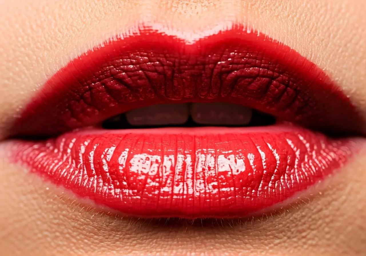 A close-up of glossy red lips against a neutral background. 35mm stock photo