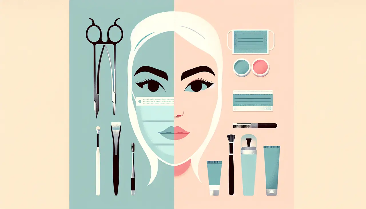 Draw a graphic in flat design style. A split-face illustration showing one side with surgical tools and the other with non-surgical treatment products, in a minimalist flat design style.