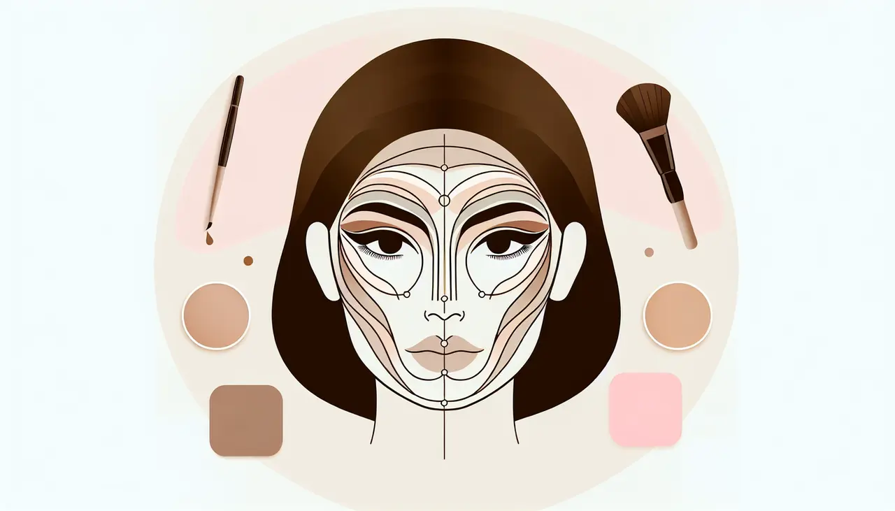 Draw a graphic in flat design style. A minimalist flat design illustration of a symmetrical face with contouring makeup lines, surrounded by light pastel color palettes for a clean and modern look.