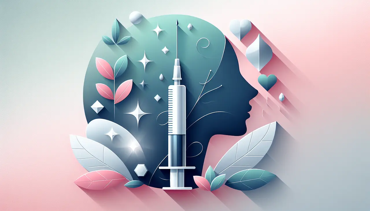 Draw a graphic in flat design style. A sleek syringe with a soft glow surrounded by abstract representations of beauty and wellness, like a silhouette and leaves, on a pastel background.