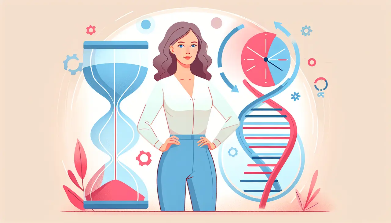 Draw a graphic in flat design style. A flat design illustration of a confident woman standing tall, with a gentle smile, surrounded by abstract symbols of time and DNA helix, representing aging and genetics effects.