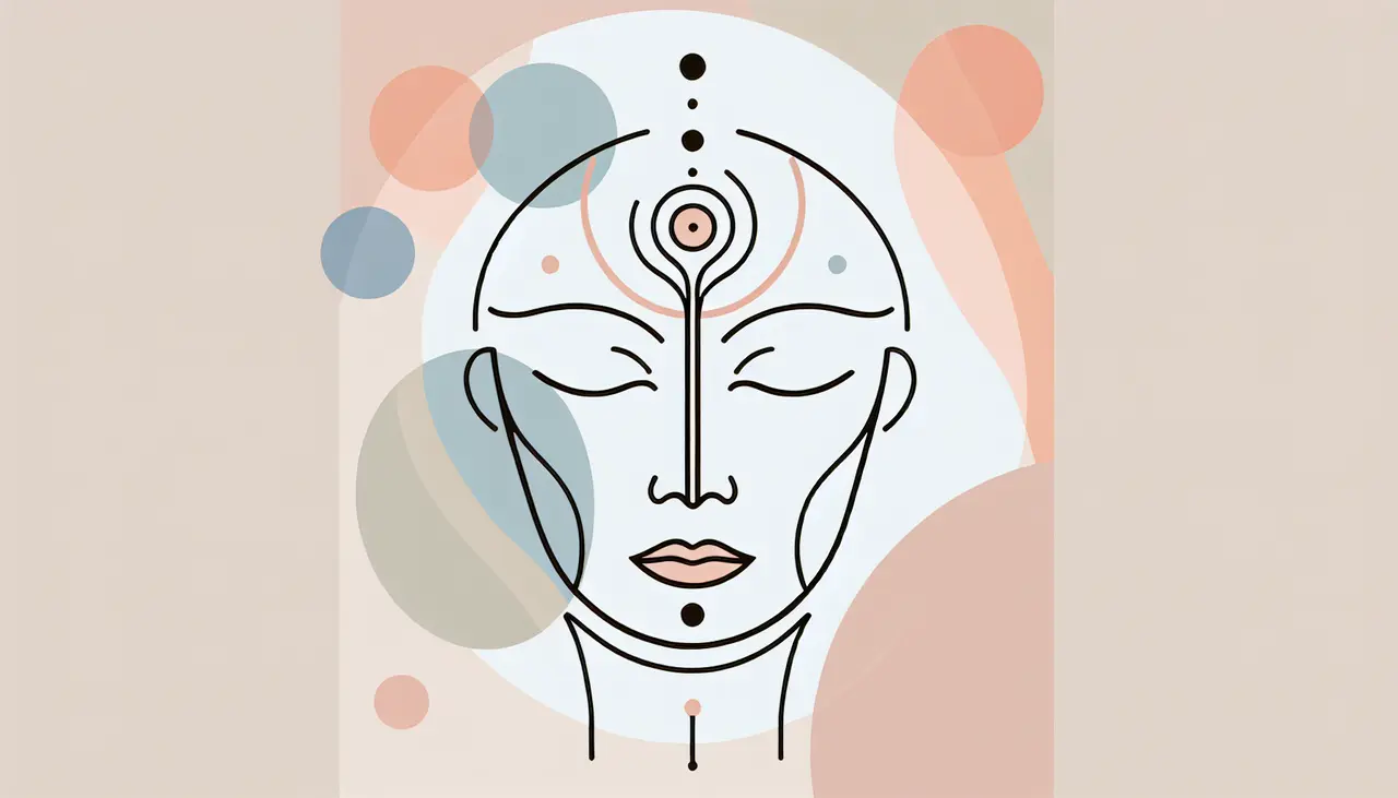 Draw a graphic in flat design style. A serene and balanced illustration of a face with perfectly symmetrical features, surrounded by gentle, abstract lines symbolizing harmony and precision in aesthetic procedures, set against a calming pastel background.