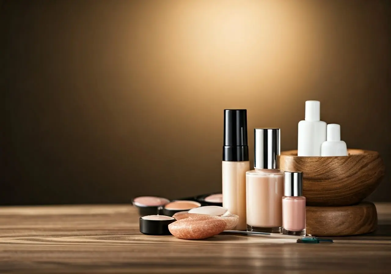 A serene spa-like setting with subtle cosmetic tools displayed. 35mm stock photo