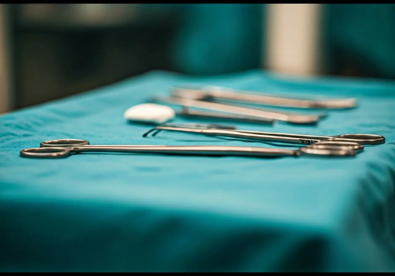 A close-up of surgical tools on a sterile blue drape. 35mm stock photo