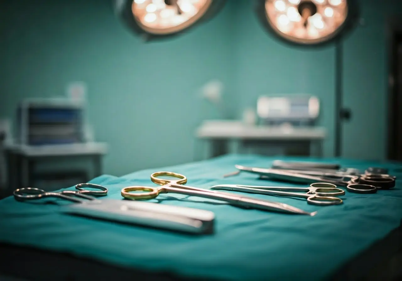 A clean, modern operating room with surgical instruments neatly organized. 35mm stock photo