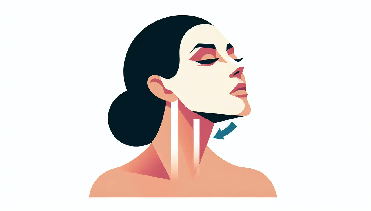 Draw a graphic in flat design style. A minimalist illustration of a woman’s face with a focus on the neck area, highlighted by subtle lines and arrows suggesting improvement or change.