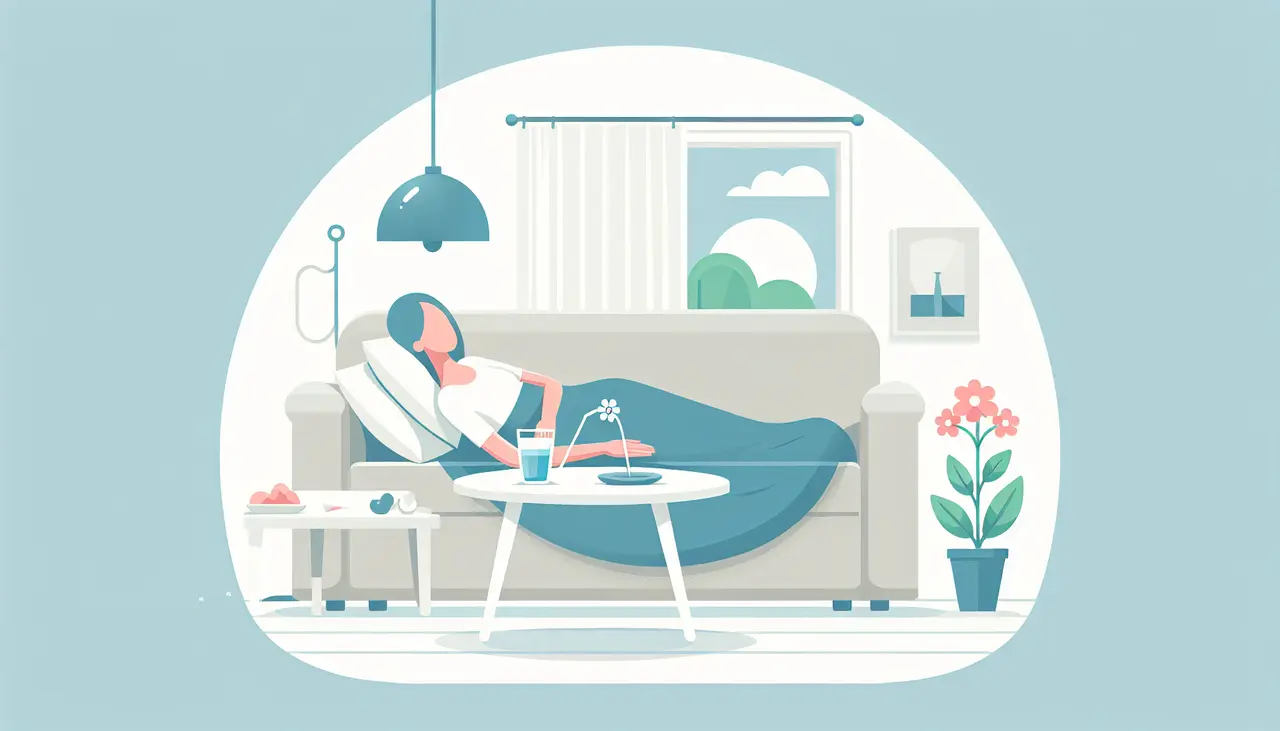 Draw a graphic in flat design style. A flat design illustration of a calm woman resting on a sofa in a cozy living room, with a small table nearby holding a glass of water and flowers, symbolizing post-surgery recovery.