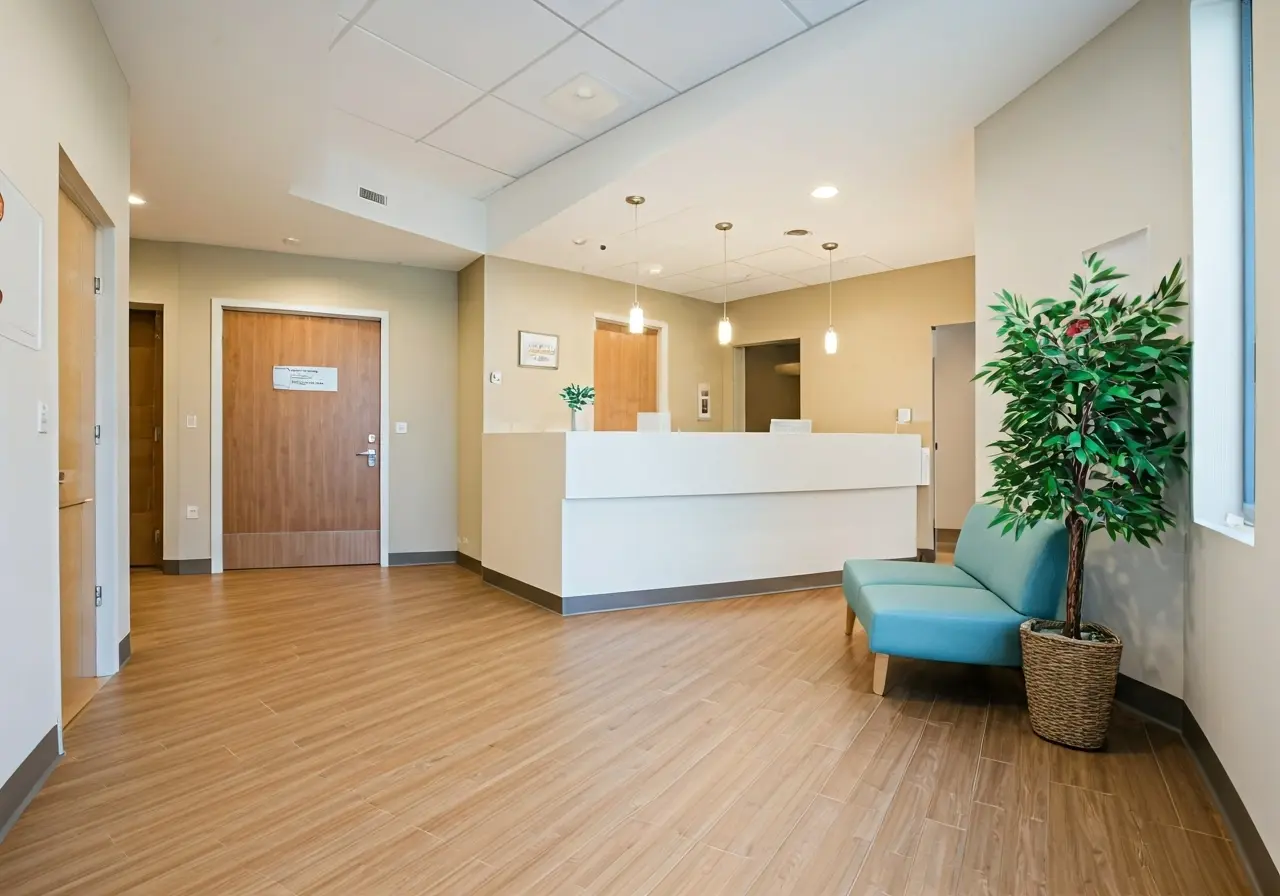 A serene clinic lobby with modern, inviting decor. 35mm stock photo