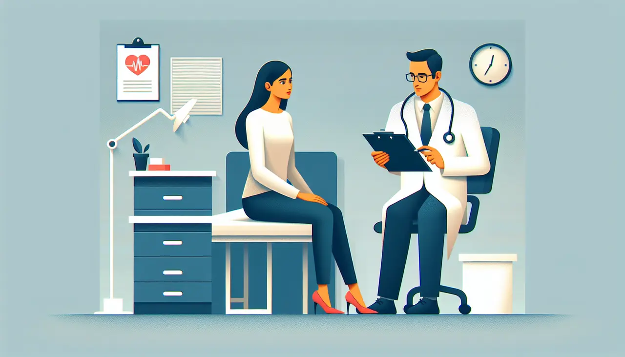 Draw a graphic in flat design style. A flat design illustration of a woman in a consultation room, reviewing a checklist with a doctor, surrounded by simple medical icons like a stethoscope and clipboard.