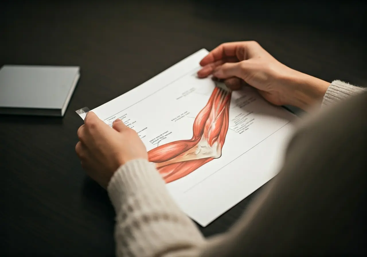 A pair of hands examining a diagram of arm anatomy. 35mm stock photo