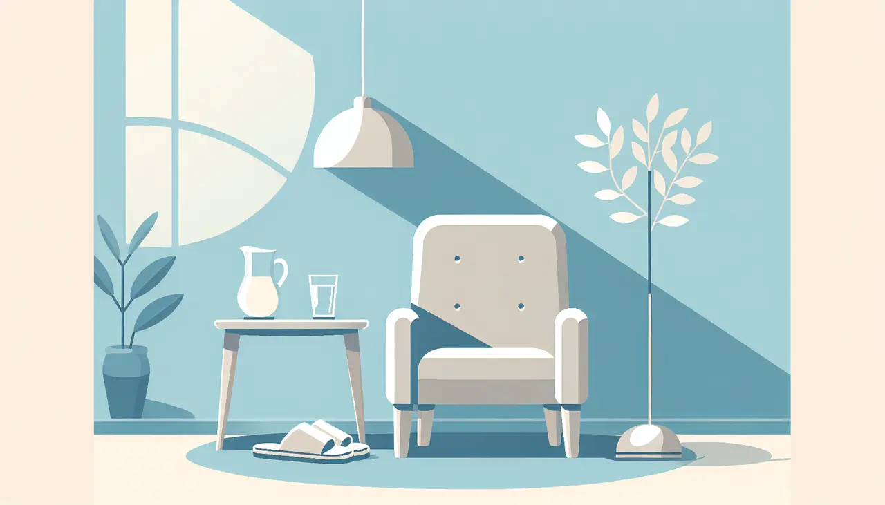 Draw a graphic in flat design style. A cozy recovery room with a comfortable chair, a side table with a glass of water, and a pair of slippers on the floor in Flat Design Style.