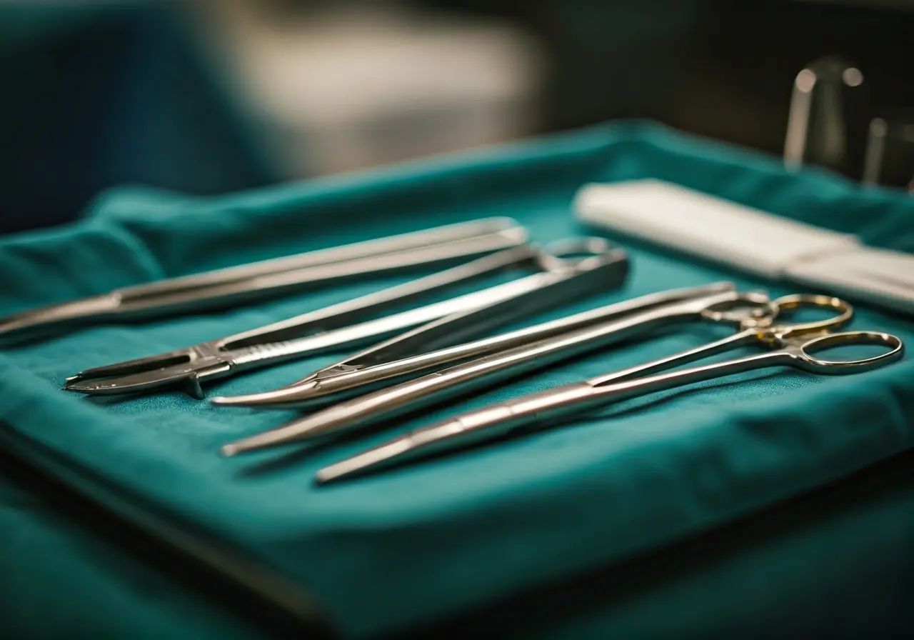 A close-up of surgical instruments on a sterile tray. 35mm stock photo