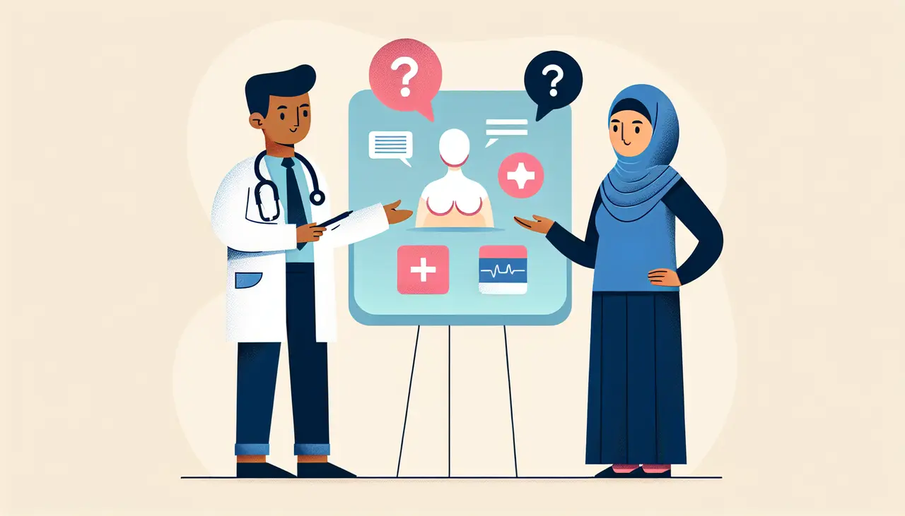 Draw a graphic in flat design style. A minimalist flat design of a doctor showing a patient informational images about brachioplasty, with speech bubbles containing question marks around them.