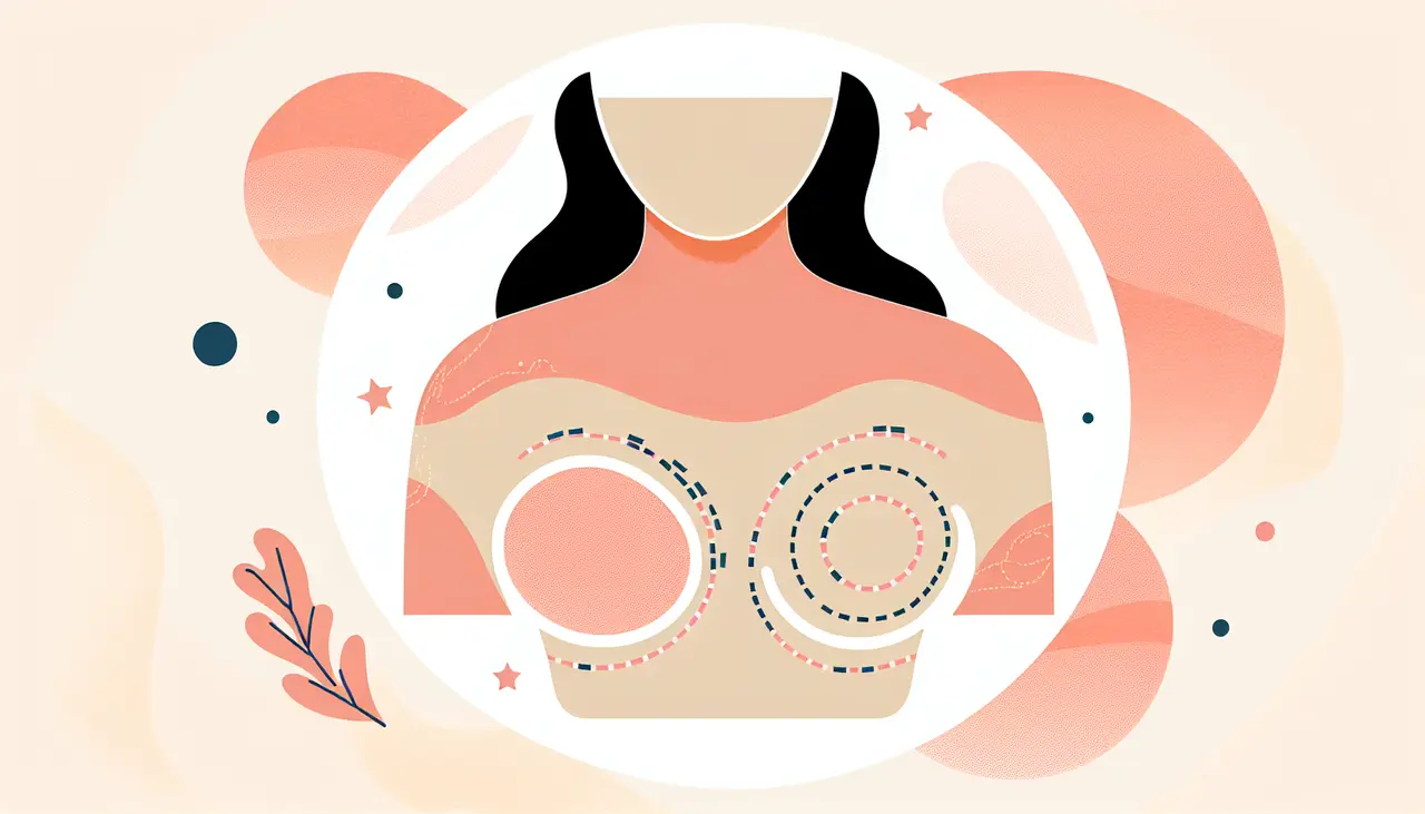 Draw a graphic in flat design style. A simple flat design illustration of a woman’s torso with dotted lines indicating a breast lift, surrounded by soft pink and beige tones for a gentle, educational feel.