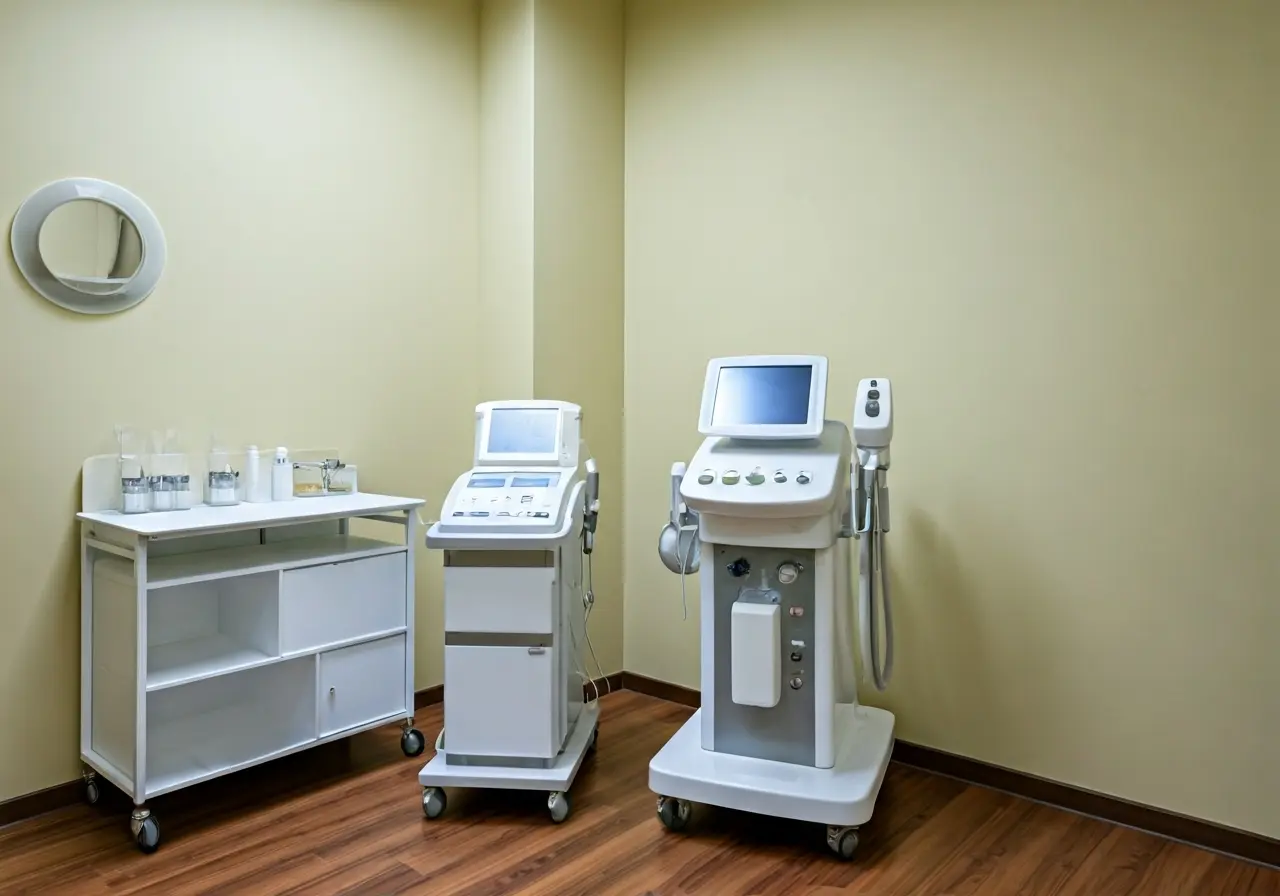 A modern clinic room displaying advanced liposculpture equipment. 35mm stock photo