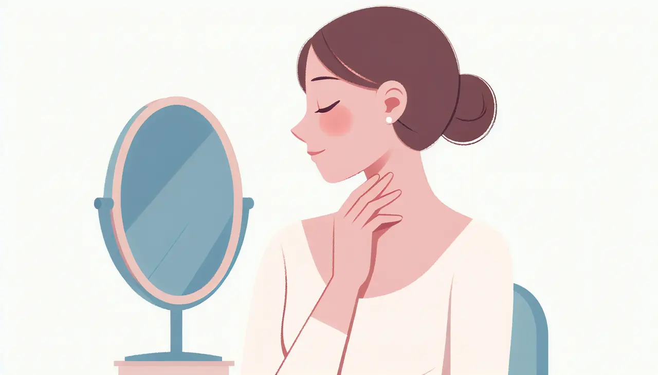 Draw a graphic in flat design style. A minimalist flat design illustration of a serene person examining their neck in a mirror, with soft pastel colors and a calm expression, ensuring a clutter-free background.