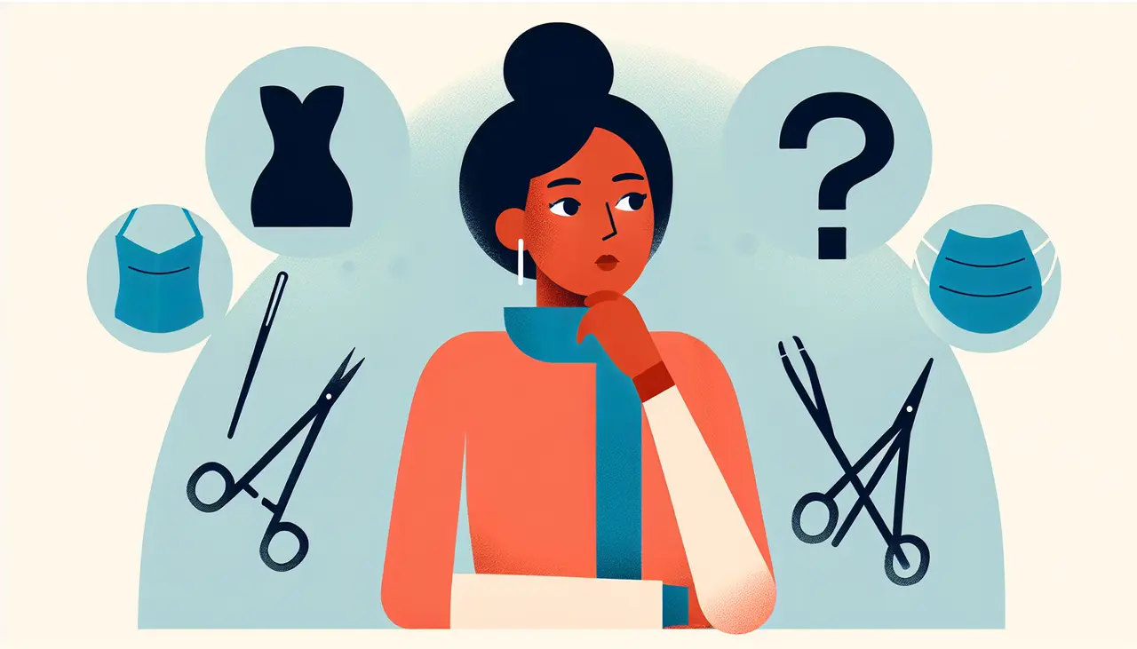 Draw a graphic in flat design style. A flat design illustration of a woman contemplating with question marks above her head, alongside silhouette icons representing BBL surgery tools and procedures, set against a clean, minimalistic background.