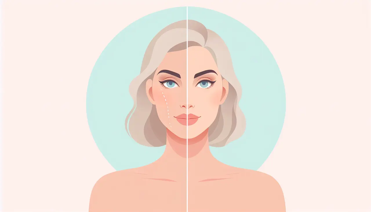 Draw a graphic in flat design style. A flat design style image of a woman’s face with one side showing a subtle, enhanced cheek and under-eye area after a facial fat transfer, against a soft pastel background.