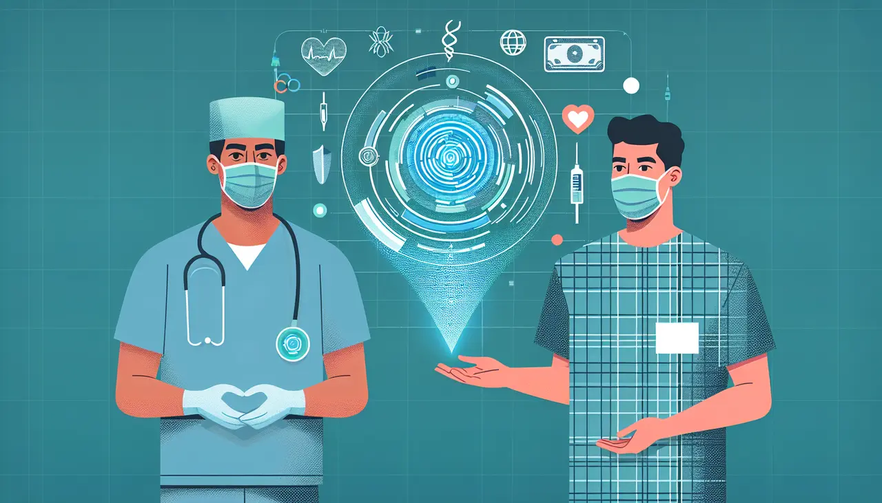 Draw a graphic in flat design style. A minimalistic flat design image showing a surgeon in scrubs and a patient, with a digital holographic display illustrating Morpheus technology enhancing both surgical tools and skincare products.