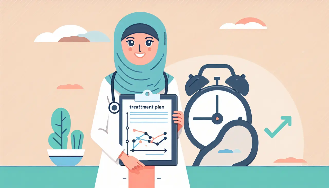 Draw a graphic in flat design style. An image of a smiling doctor holding a clipboard with a GLP treatment plan, alongside a clock symbolizing long-term results, on a clean, simple background.