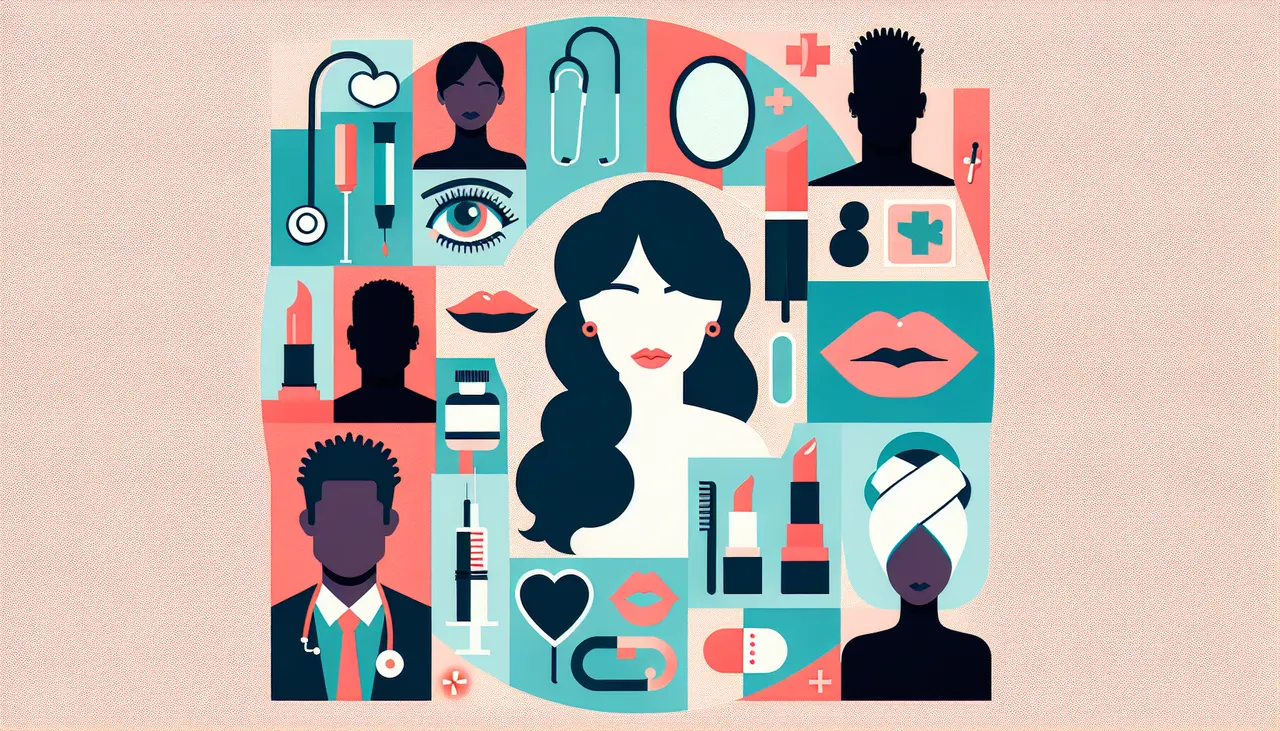 Draw a graphic in flat design style. A clean and modern flat design illustration of a diverse group of people highlighting various features such as eyes, nose, and lips, with symbols of medical tools and beauty in the background.