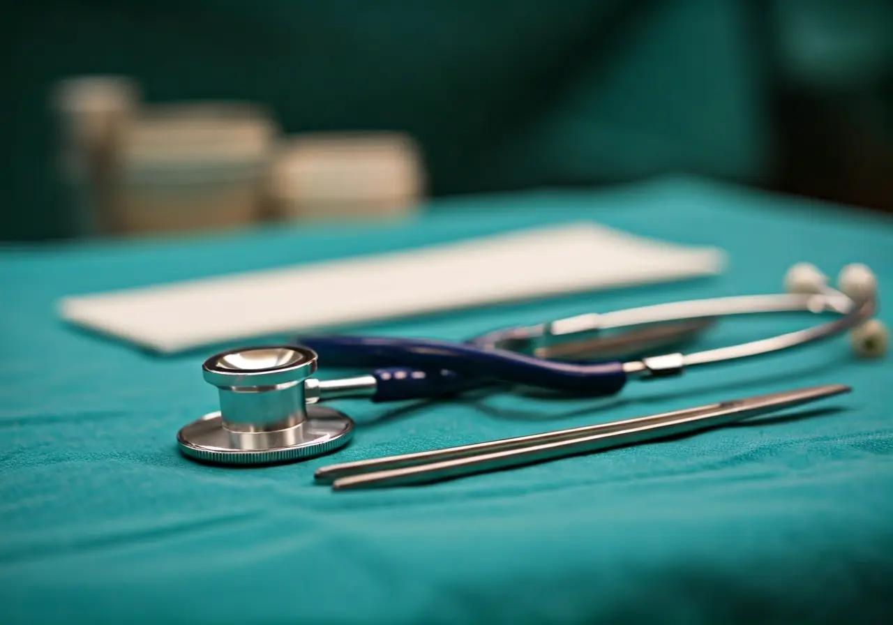 A stethoscope and surgical instruments on a clean table. 35mm stock photo