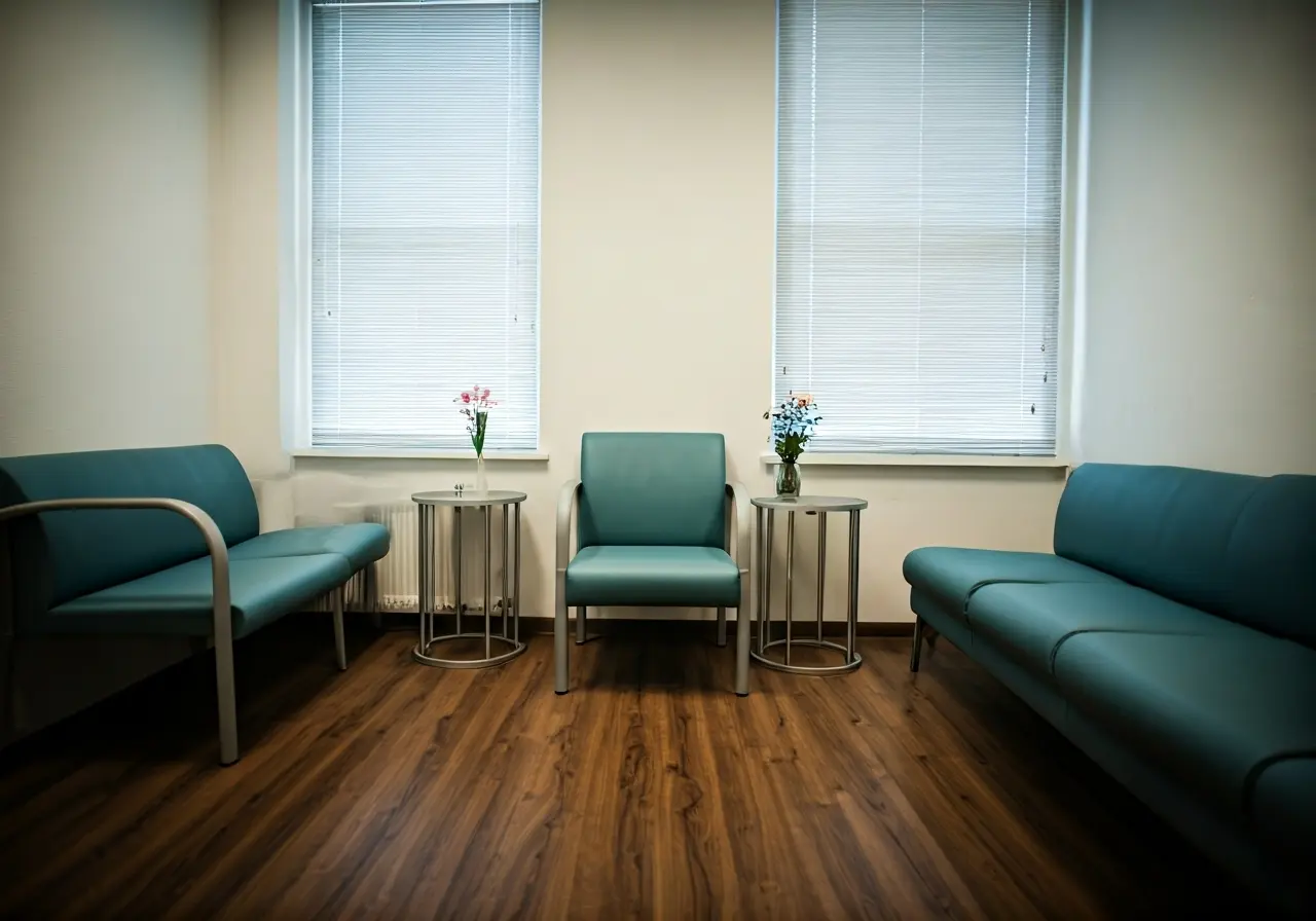 A serene, tidy medical office with plush seating. 35mm stock photo