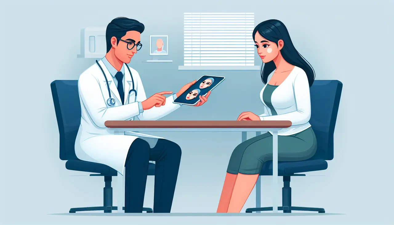 Draw a graphic in flat design style. A flat design illustration of a patient and a cosmetic surgeon sitting across from each other at a desk, with the surgeon explaining a procedure using a tablet displaying before and after images.