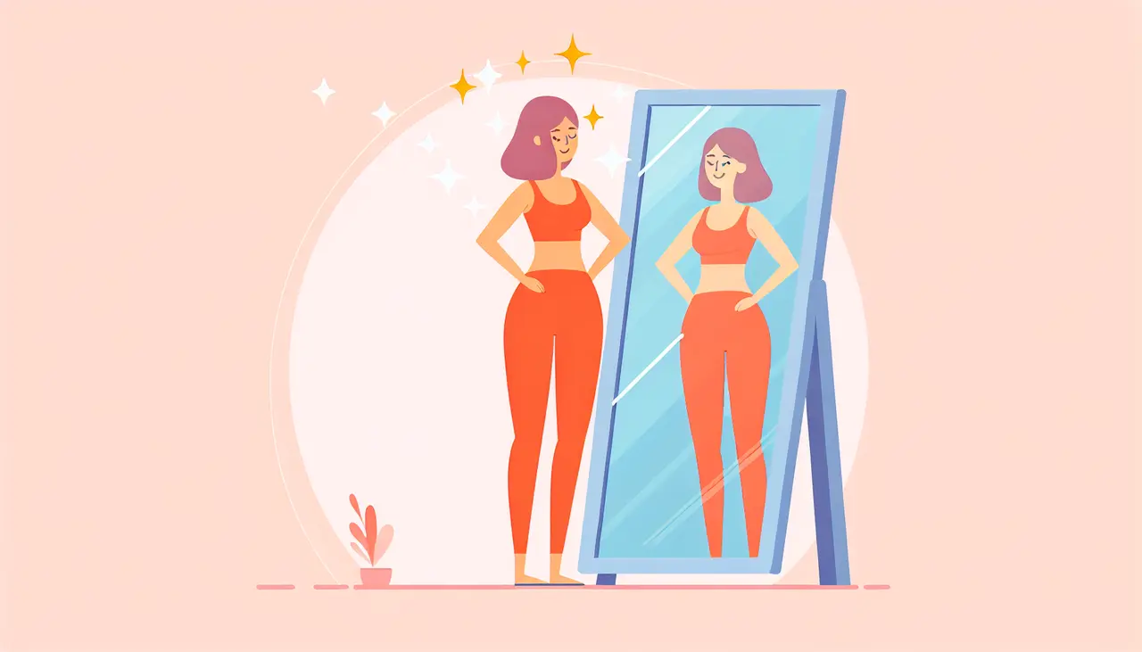 Draw a graphic in flat design style. A minimalist flat design illustration of a confident woman standing in front of a mirror, admiring her youthful silhouette.