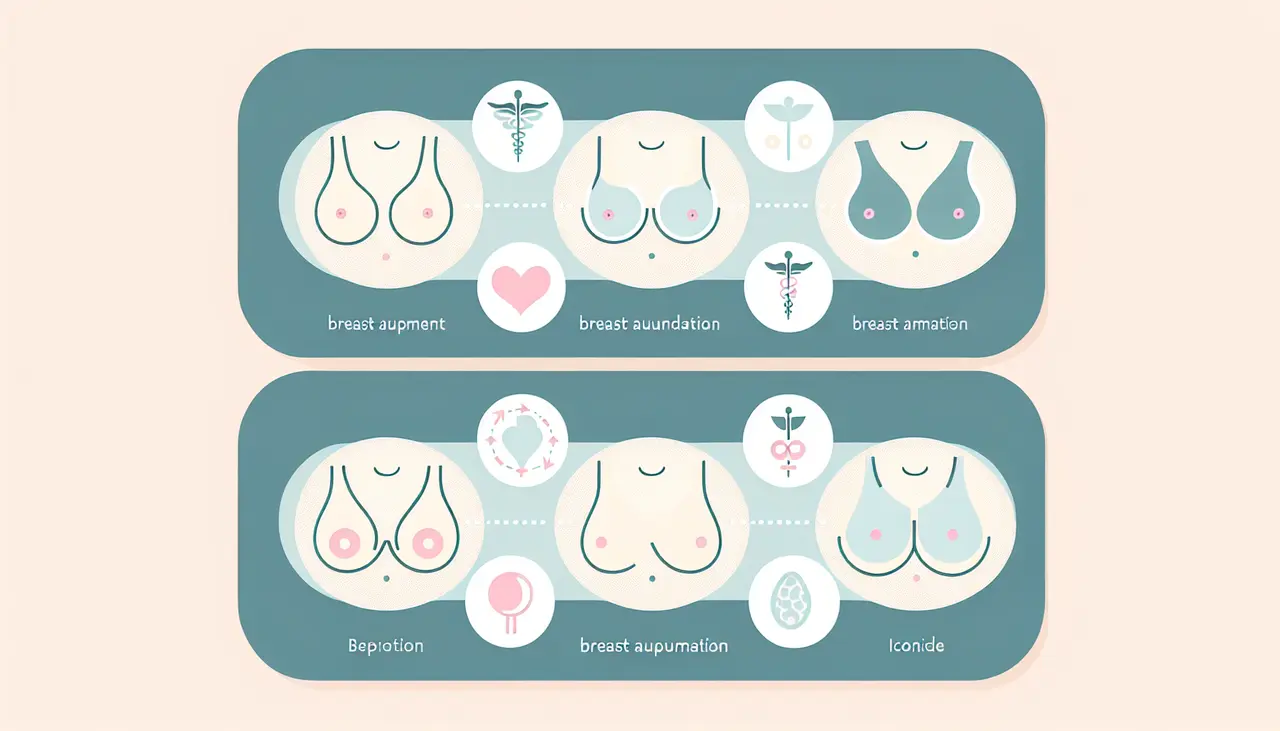 Draw a graphic in flat design style. A flat design illustration of four breast augmentation techniques displayed as labeled diagrams, each with minimalistic icons and soft pastel colors, ensuring a clean and simple layout.