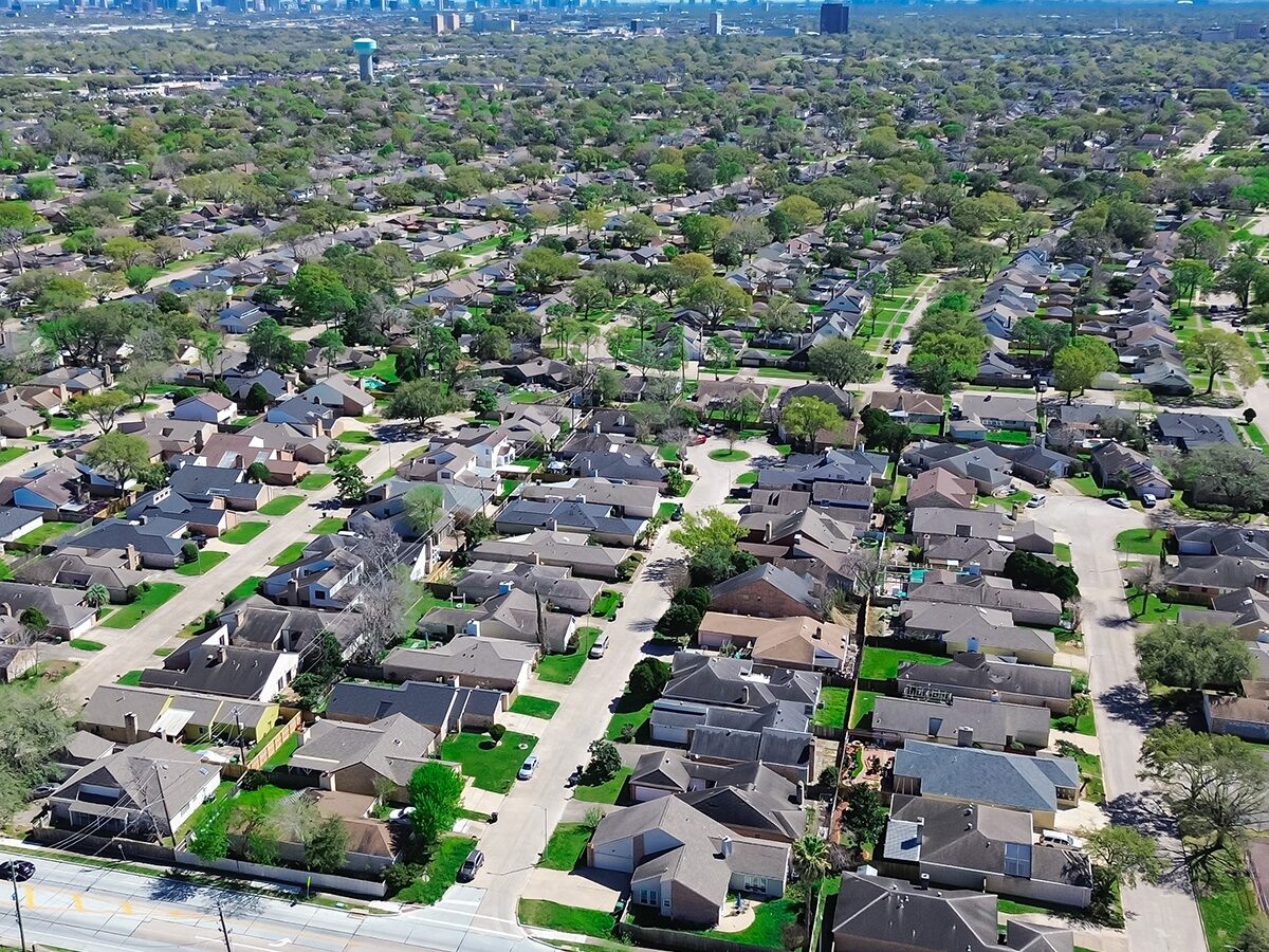 Aerial view of homes in Friendswood, Texas