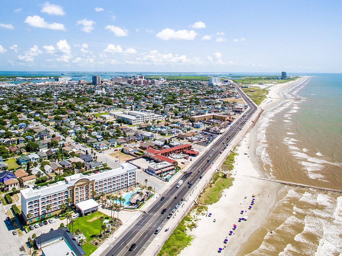 Aerial view of Galveston, Texas beach and seawall