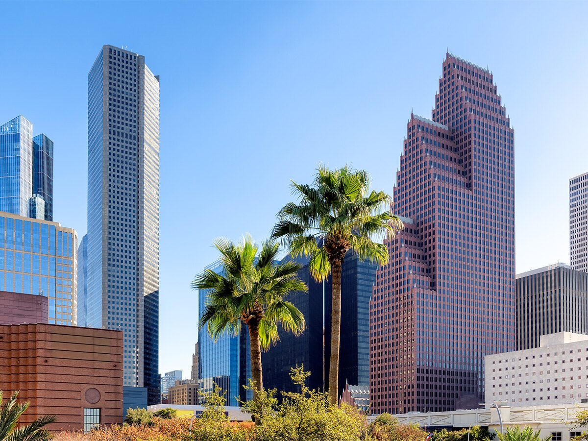 Downtown Houston, Texas skyline with palm trees