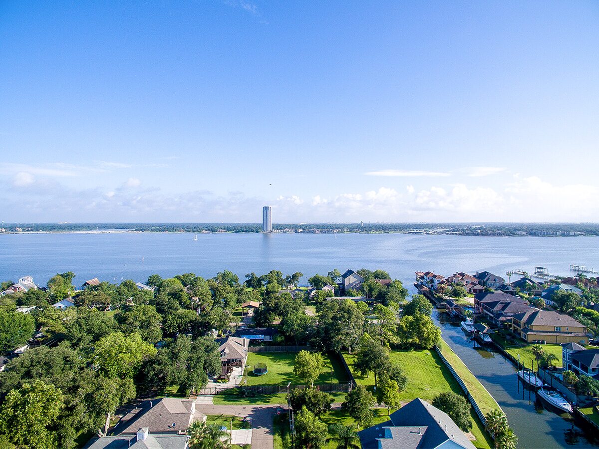 Aerial view of waterfront homes near Webster, Texas